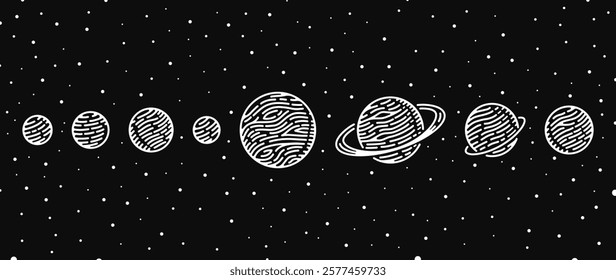 Hand-drawn solar system planets illustration, vintage black and white celestial design with detailed planetary textures, stars, and cosmic space art elements.