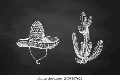 Hand-drawn sombrero and cactus sketches on chalkboard background. Vintage drawing of hat. Vector black ink outline illustration. Mexican culture, clothes, Latin America.