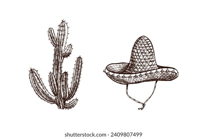 Hand-drawn sombrero and cactus sketches. Vintage drawing of hat. Vector black ink outline illustration. Mexican culture, clothes, Latin America.	