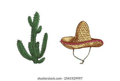 Hand-drawn sombrero and cactus sketches. Vintage drawing of hat. Vector black ink outline illustration. Mexican culture, clothes, Latin America.	