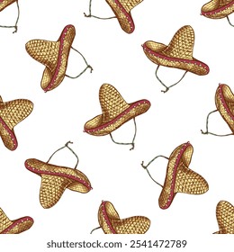 Hand-drawn sombrero seamless pattern. Vintage drawing of hat.  Mexican culture, clothes, Latin America.