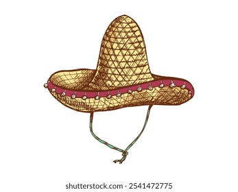 Handgezeichnete Sombrero-Skizze. Vintage-Zeichnung des Hutes. Vektorgrafik mit schwarzer Freihandkontur. Mexikanische Kultur, Kleidung, Lateinamerika.