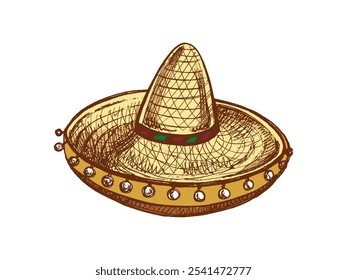 Hand-drawn sombrero sketch. Vintage drawing of hat. Vector black ink outline illustration. Mexican culture, clothes, Latin America.