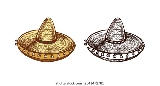 Handgezeichnete Sombrero-Skizze. Vintage-Zeichnung des Hutes. Vektorgrafik mit schwarzer Freihandkontur. Mexikanische Kultur, Kleidung, Lateinamerika.