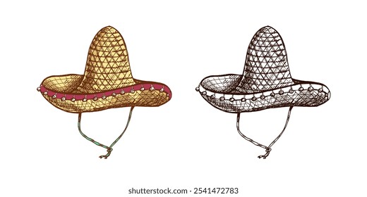 Handgezeichnete Sombrero-Skizze. Vintage-Zeichnung des Hutes. Vektorgrafik mit schwarzer Freihandkontur. Mexikanische Kultur, Kleidung, Lateinamerika.