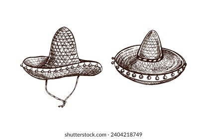 Hand-drawn sombrero sketches set. Vintage drawing of hat. Vector black ink outline illustration. Mexican culture, clothes, Latin America.