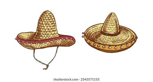 Handgezeichnete Sombrero-Skizzen. Vintage-Zeichnung des Hutes. Vektorgrafik mit schwarzer Freihandkontur. Mexikanische Kultur, Kleidung, Lateinamerika.