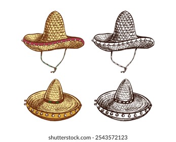 Handgezeichnete Sombrero-Skizzen. Vintage-Zeichnung des Hutes. Vektorgrafik mit schwarzer Freihandkontur. Mexikanische Kultur, Kleidung, Lateinamerika.