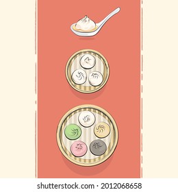 Hand-drawn soup dumplings illustration by vintage style, soup dumpling in spoon, soup dumpling in the steamer.