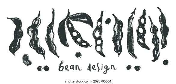 Hand-drawn Soybean drawing for Soy sauce label design. Whole pea pod illustration. Green Beans icon. Vegan restaurant logo, vegetarian healthy food banner. Organic food sign. Pencil texture — soybeans