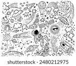 Hand-Drawn Space Doodles Vector Illustration - Astronaut, UFO, Planets, Stars, and Rockets