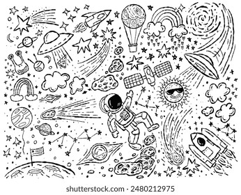 Hand-Drawn Space Doodles Vector Illustration - Astronaut, UFO, Planets, Stars, and Rockets