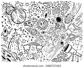 Hand-Drawn Space Doodles Vector Illustration - Astronaut, UFO, Planets, Stars, and Rockets