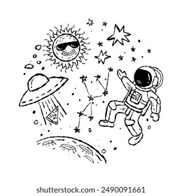 Hand-Drawn Space Doodles Vector Illustration - Astronaut, UFO, Planets, Stars, and Sun