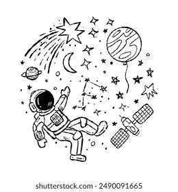 Ilustración vectorial de garabatos espaciales dibujados a mano - Astronauta, planetas, estrellas y satélite