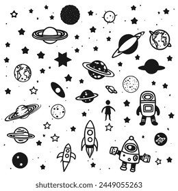 Hand-drawn space elements create a create a seamless pattern. Space background. Space doodle illustration. Vector illustration. Seamless pattern with cartoon space rockets, planets, stars, and slogans