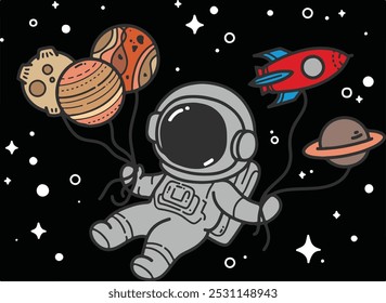 Hand-drawn space elements  pattern. Space background. Space doodle illustration. Vector illustration. Seamless pattern with cartoon space rockets, planets, and stars.