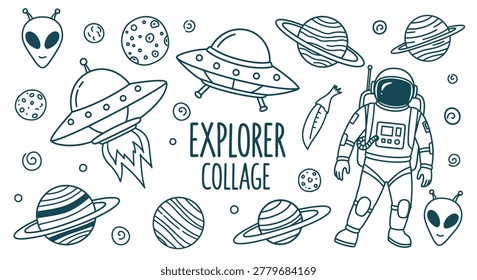 Hand-drawn space explorer collage featuring an astronaut, UFOs, alien heads, and planets in a doodle line art style on a white background. Hand-drawn space explorer collage featuring an astronaut, UFOs, alien heads, and planets in a doodle line art style on a white background.