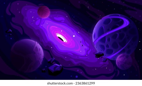 Ilustración espacial hecha a mano de un agujero negro que atrae a planetas y estrellas con varios objetos espaciales en un estilo de caricatura.