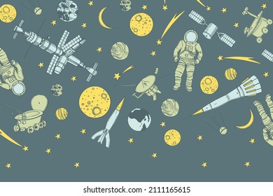 Hand-drawn space objects. Planets, comets, rockets.Vector background. Sketch  illustration.