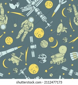 Hand-drawn space objects. Planets, comets, rockets.  Vector  seamless pattern
