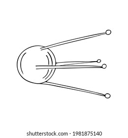 Hand-drawn space orbiting satellite for observing and exploring the planet. Unmanned aerial vehicle. Doodle style, simple minimalistic drawing. Fantasy sketch, line art.Isolated.Vector illustration.