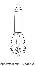 Hand-drawn space rocket for exploring new planets in space. Aircraft for movement over long cosmic distances. Doodle style, simple minimalistic drawing. Fantasy sketch, line art.Isolated.Vector