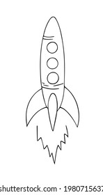 Hand-drawn space rocket for exploring new planets in space. Aircraft for movement over long cosmic distances. Doodle style, simple minimalistic drawing. Fantasy sketch, line art.Isolated.Vector