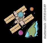 Hand-Drawn Space Station with Planets – Vector Illustration