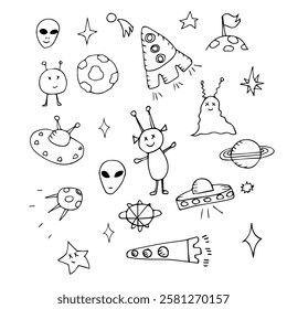 Conjunto de doodle com tema de espaço desenhado à mão. Alienígenas, naves espaciais, discos voadores. 