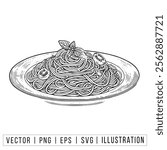 Hand-Drawn Spaghetti Plate Vector Illustration with Basil and Tomato