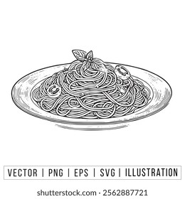 Hand-Drawn Spaghetti Plate Vector Illustration with Basil and Tomato