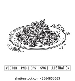 Hand-Drawn Spaghetti Plate Vector Illustration with Basil and Tomato