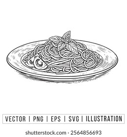 Hand-Drawn Spaghetti Plate Vector Illustration with Basil and Tomato