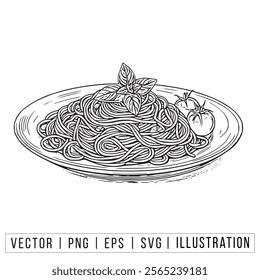 Hand-Drawn Spaghetti Plate Vector Illustration with Basil and Tomato