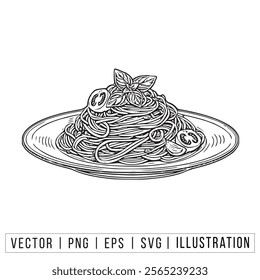 Hand-Drawn Spaghetti Plate Vector Illustration with Basil and Tomato