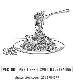 Hand-Drawn Spaghetti Vector Illustration with Fork and Basil