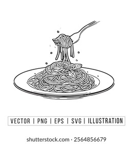 Hand-Drawn Spaghetti Vector Illustration with Fork and Basil