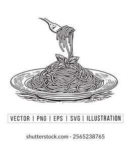 Hand-Drawn Spaghetti Vector Illustration with Fork and Basil