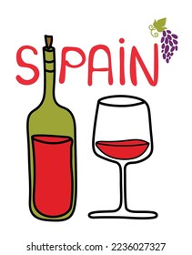 Hand-Drawn Spanish Wine Illustration – Bottle and Glass with Grapes, Perfect for Wine Labels, Travel Themes, Posters, and Branding