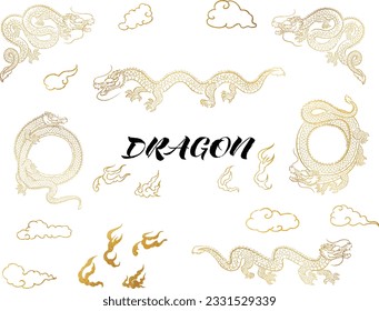 Hand-drawn sparkling gold dragon and clouds illustration set