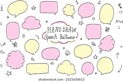 A hand-drawn speech bubble and decoration set. Features a pink and yellow-based design, perfect for emphasizing messages or comments.