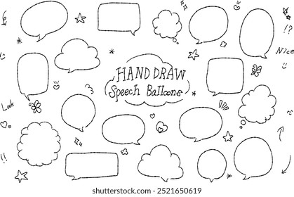 A hand-drawn speech bubble and decoration set. Features a simple and easy-to-use design, perfect for emphasizing messages or comments.