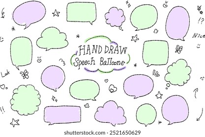 Una burbuja de discurso dibujada a mano y conjunto de decoración. Cuenta con un diseño basado en verde y púrpura, perfecto para enfatizar mensajes o comentarios.