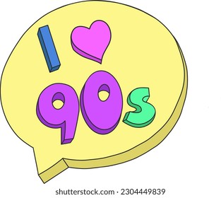 A hand-drawn speech bubble with the inscription "I love the 90s.An element of a set of doodles, on a white background. Vector illustration.The image of dialogue, thoughts, communication, comments.