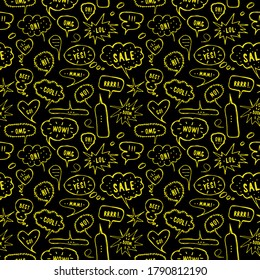 Hand-drawn speech bubble seamless pattern. Yellow print on black background