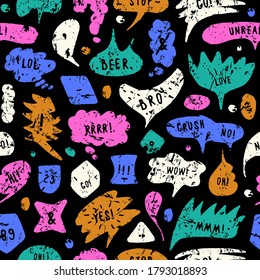 Hand-drawn speech bubble seamless pattern. Color silhouettes with rough texture on black background