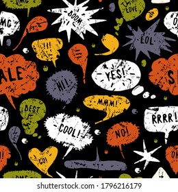 Hand-drawn speech bubble seamless pattern. Color silhouettes with rough texture on black background