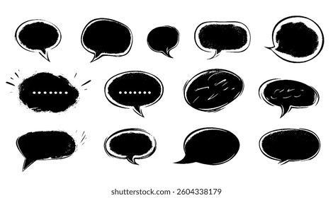 Hand-drawn speech bubble set. Grunge vector illustration with chalk, charcoal, and watercolor textures. Comic-style dialogue and chat icons with abstract shapes