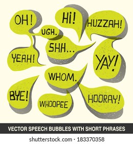 Hand-drawn speech bubble set with short phrases (oh, hi, yeah, shh, yay, bye, hooray, whoopee, huzzah, whom, ugh) on white background - vector illustration